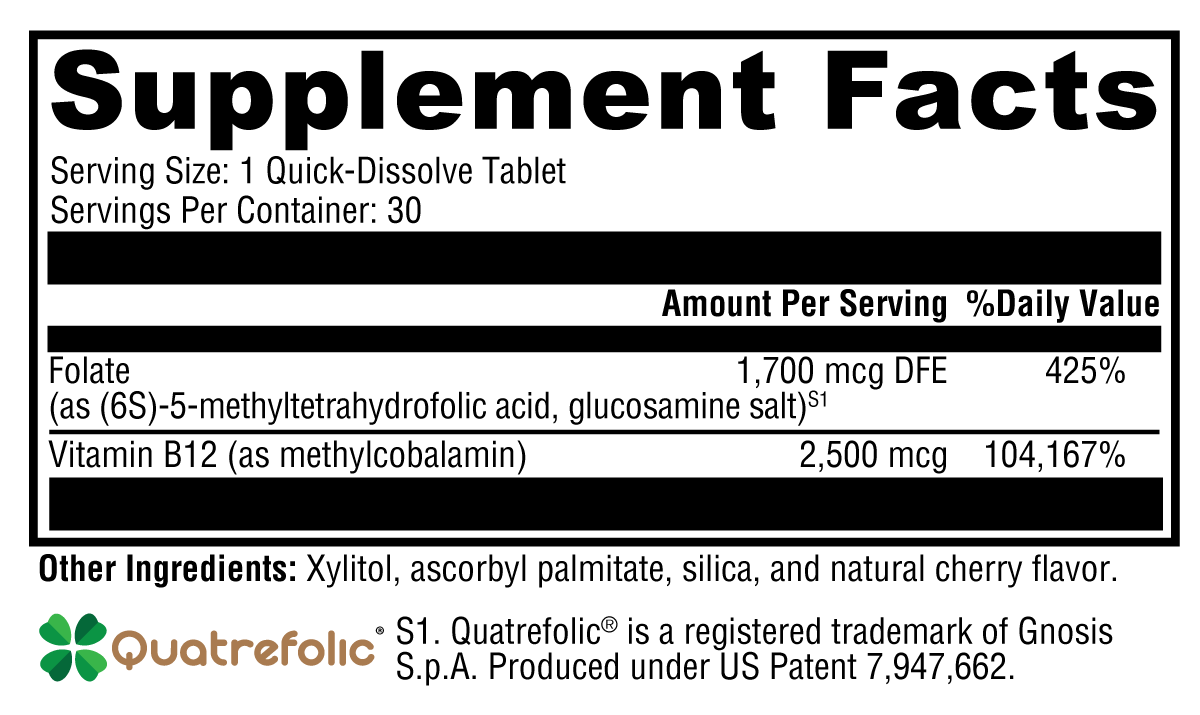 5-MTHF Plus B12 Cherry 30 Tablets Supplement Facts