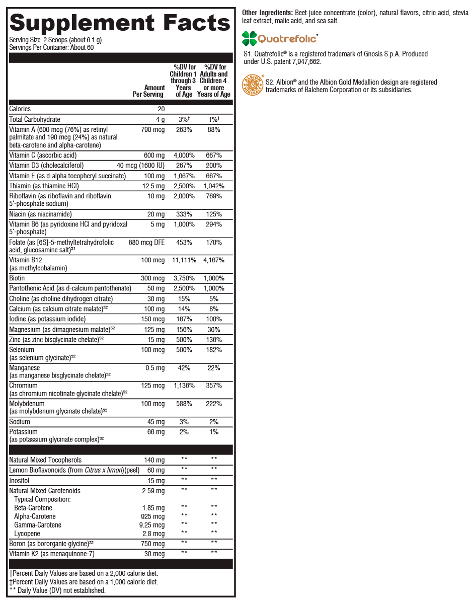 ActivNutrients® without Copper & Iron Multivitamin Powder Fruit Punch 60 Servings Supplement Facts